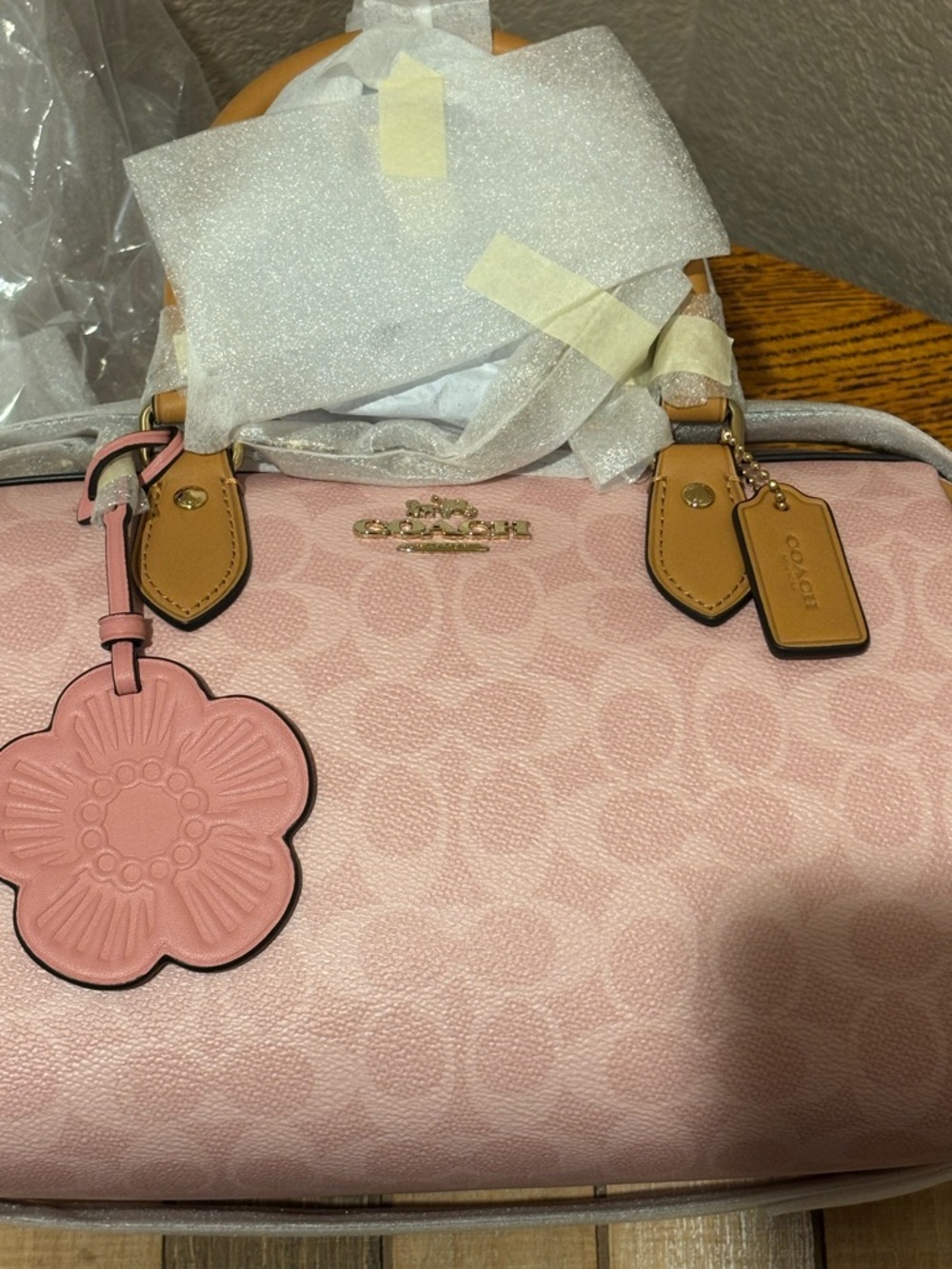 NWT Coach Rowan Satchel Bag (Medium) Signature Canvas | Gold/Powder Pink | CEA18